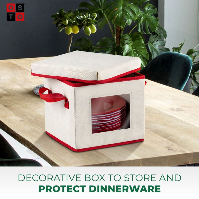 OSTO Holiday Dinnerware Storage Box with Lid; Plate Box Has Cardboard Insert, Lid, Handgrips, Clear Window; Non-Woven Fabric Color Ivory and Red