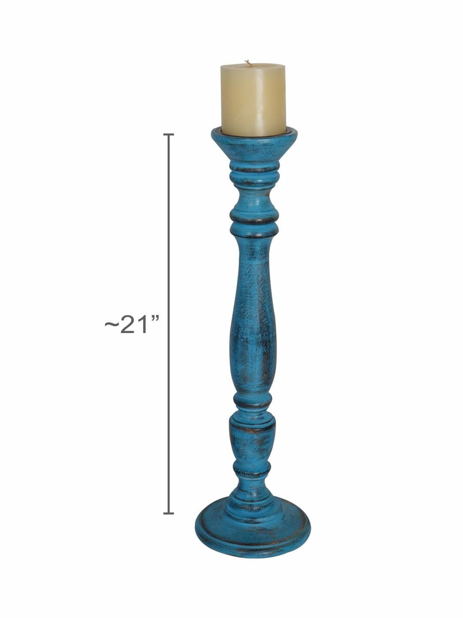 FOS LIGHTING Blue Wood Candle Holder without Candle - Set of 1