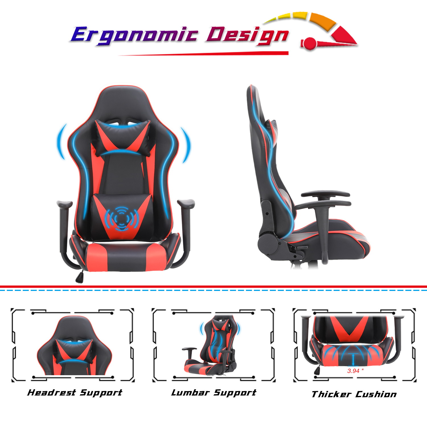 Racing Style Ergonomic Computer Gaming Chair Massage Chair with High-Back Swivel PU Leather, Seat Height Adjustable, and Lumbar & Head Support