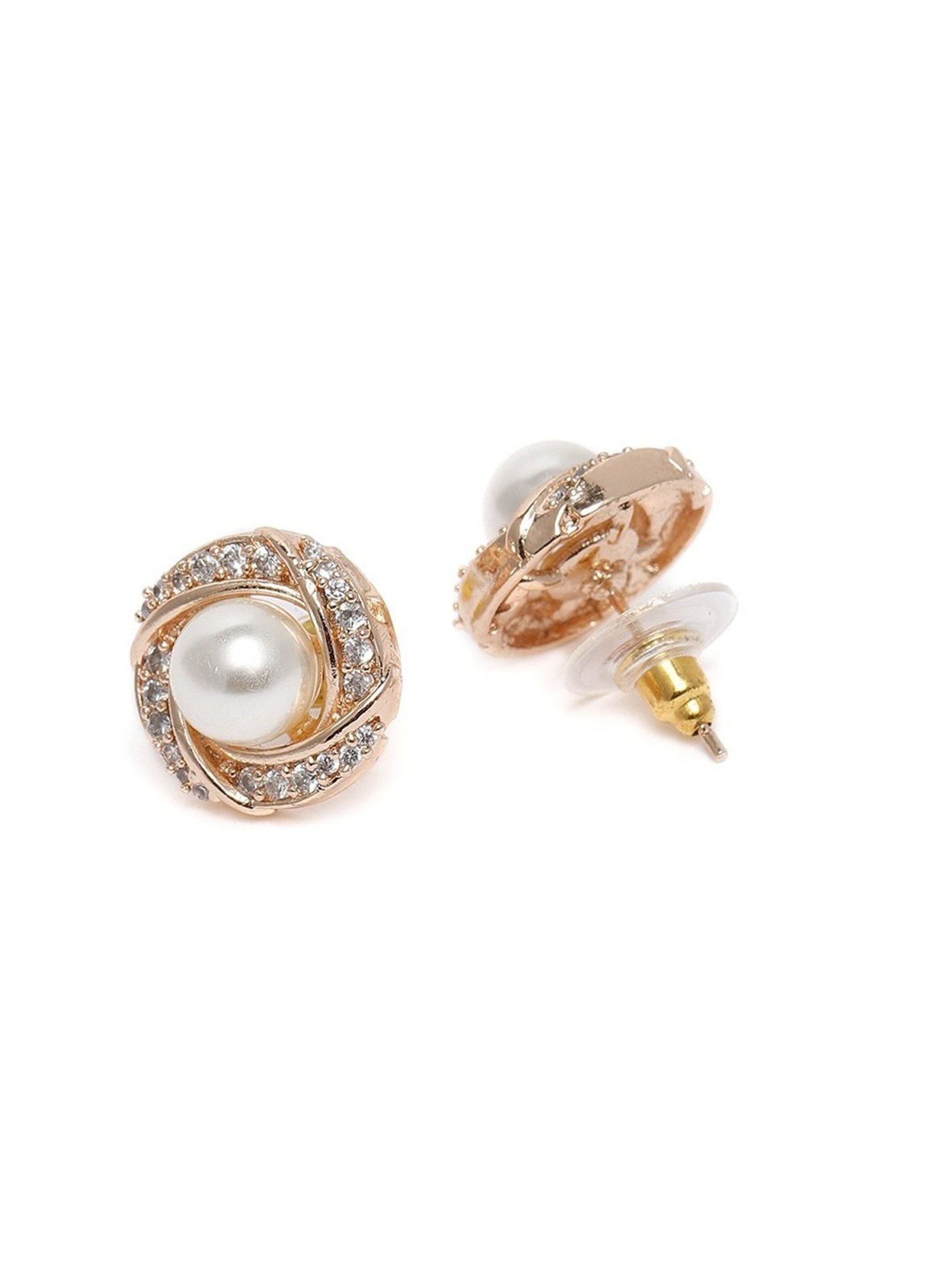 Zaveri Pearls Combo of 2 Rose Gold Cubic Zirconia & Pearls Brass Stud & Drop Earrings - ZPFK10859