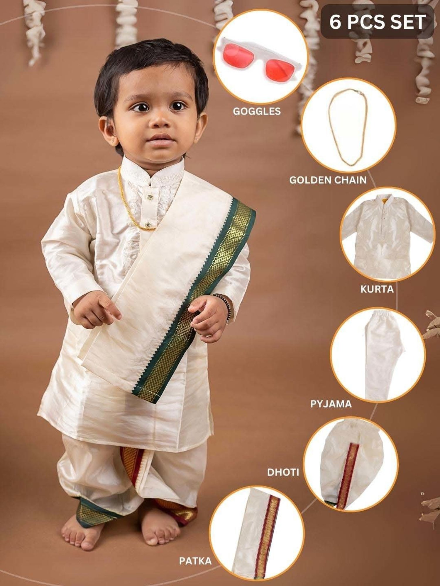 Baby Moo Kids Cream & Green Regular Fit Full Sleeves Kurta Set