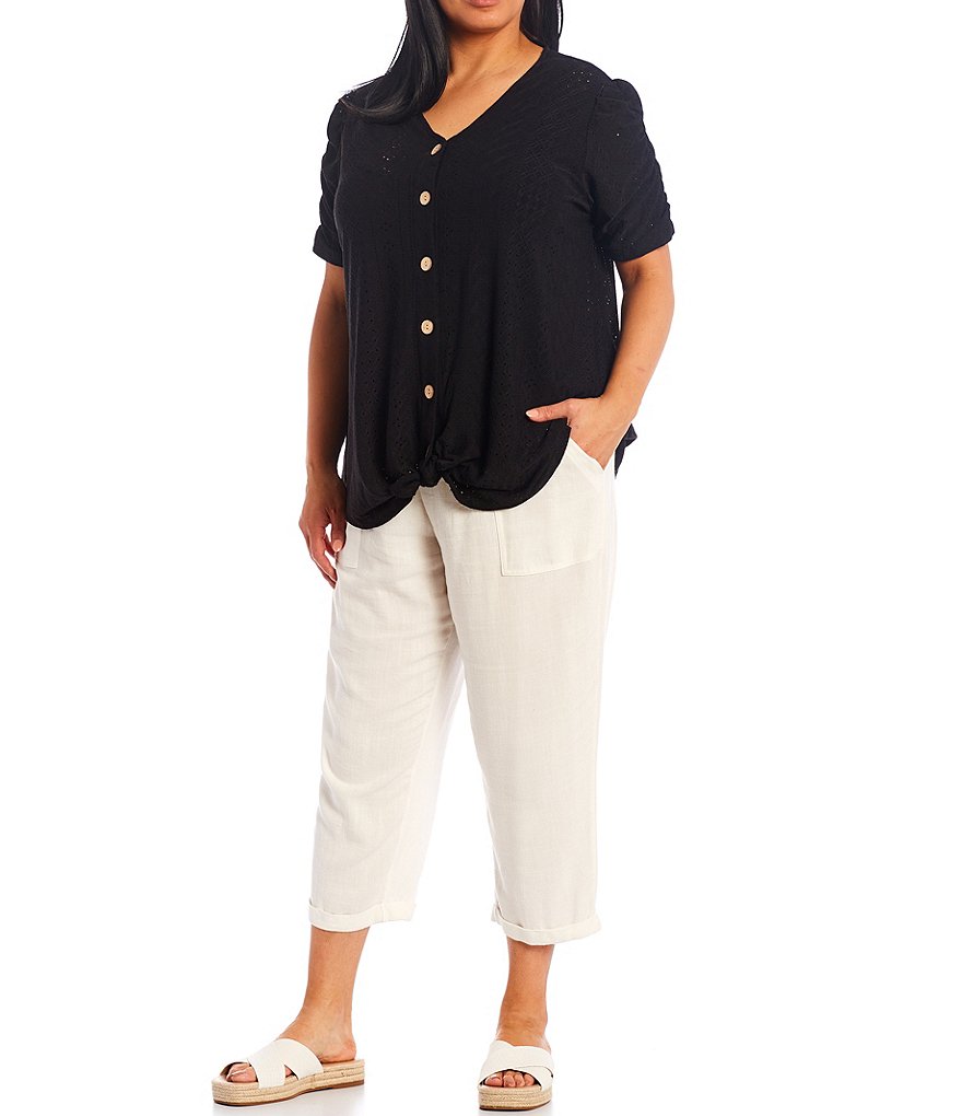 I.N. Studio Plus Size Solid Eyelet Knit V-Neck Ruched Elbow Short Sleeve Button Down Tie-Front Top