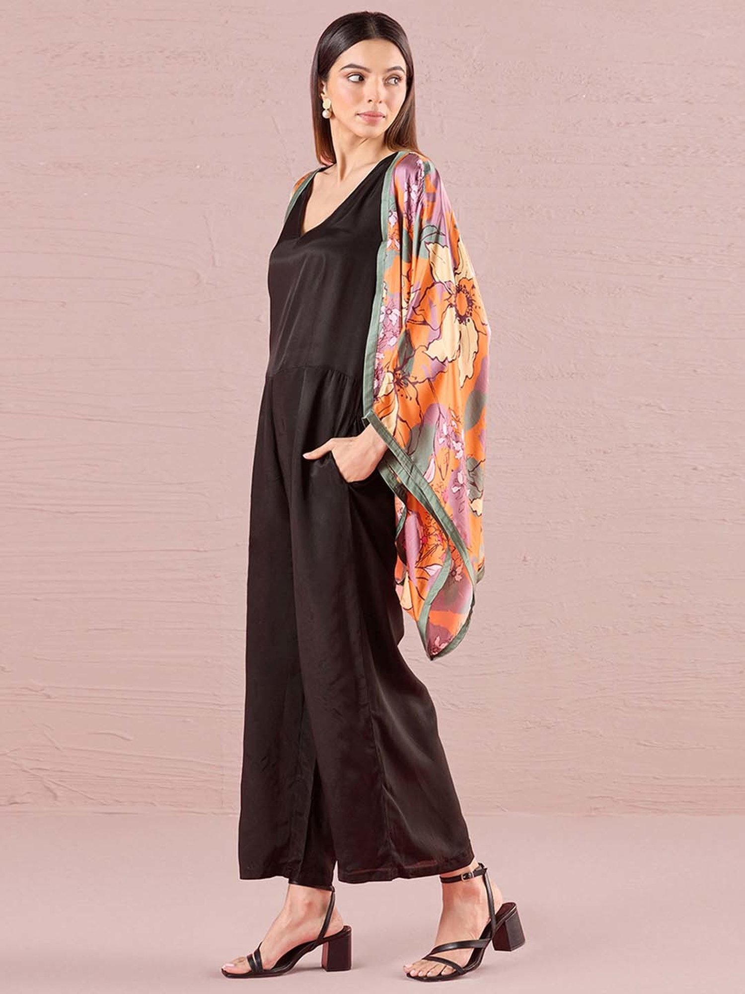 navyasa by liva Black & Orange Printed Jumpsuit With Shrug