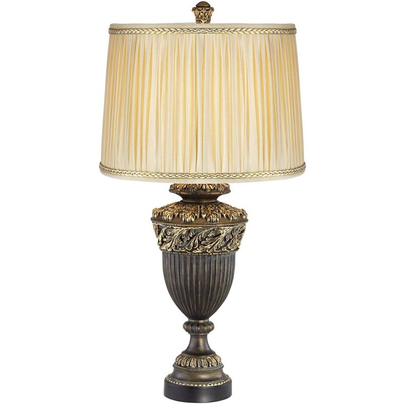 Barnes and Ivy Traditional Table Lamp Spanish Bronze Urn Fine Leaf Detail Loose Pleated Drum Shade for Living Room Family Bedroom