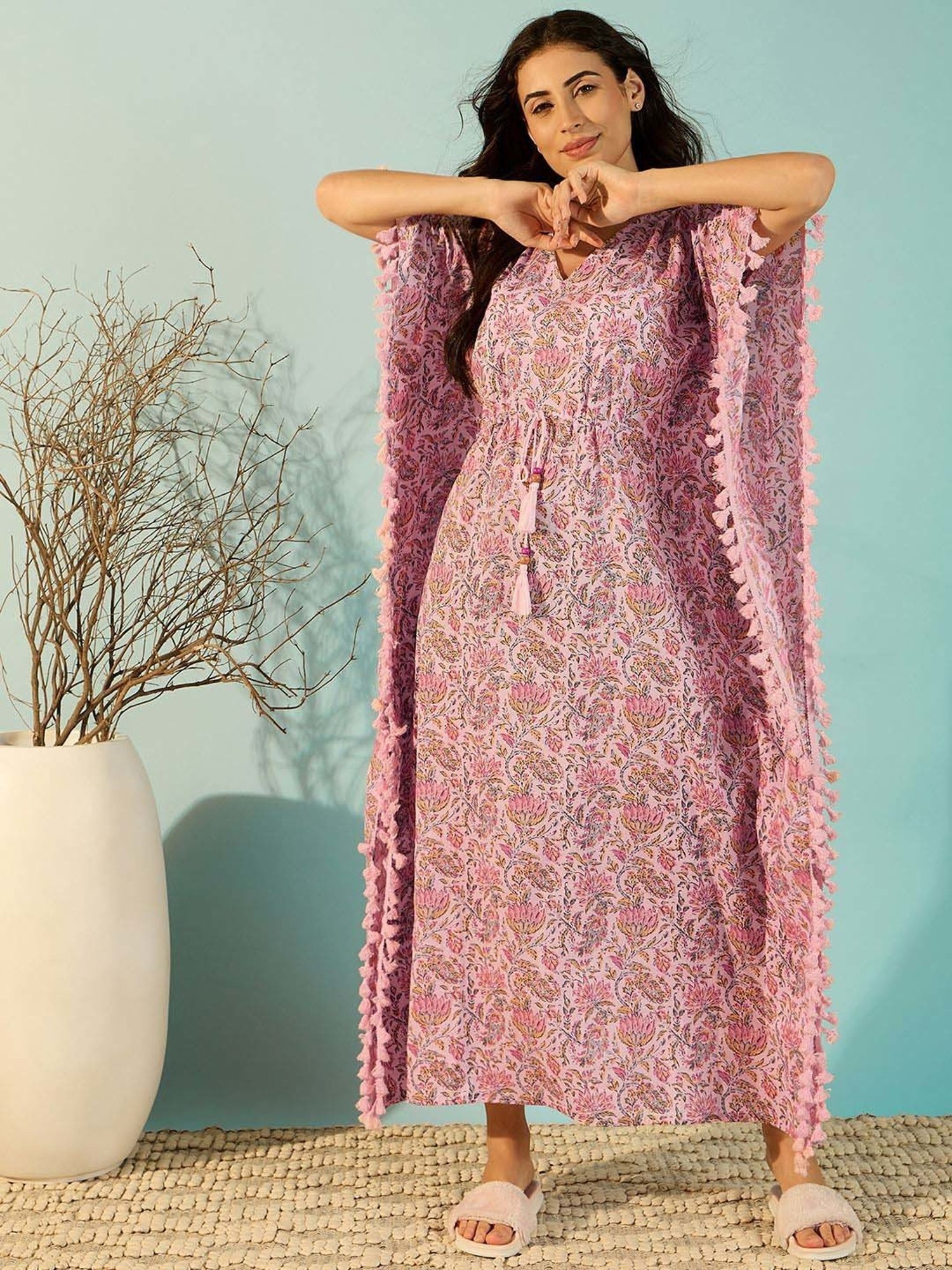 The Kaftan Company Pink Cotton Printed Kaftan