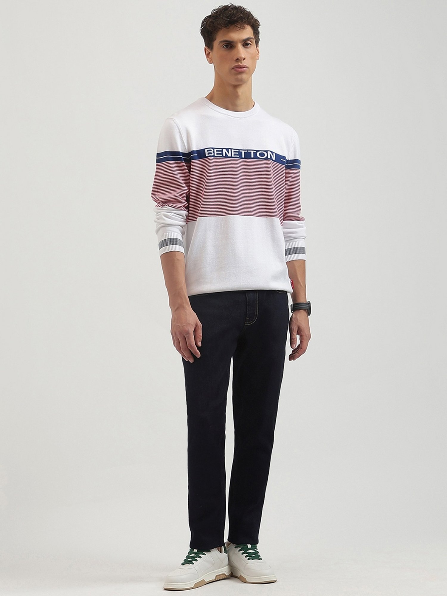 United Colors Of Benetton White Regular Fit Striped Sweater