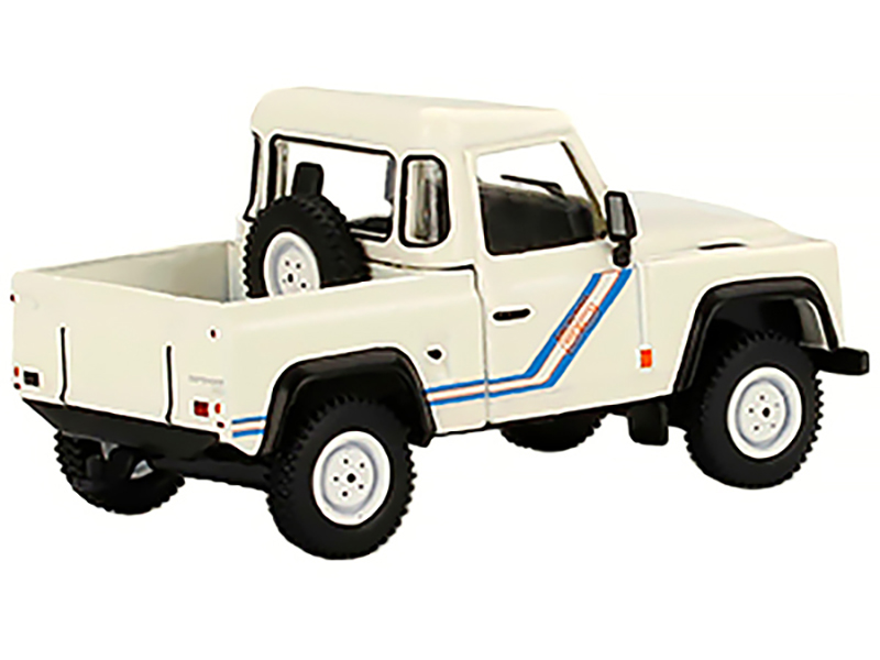 Land Rover Defender 90 Pickup Truck White with Blue Stripes Limited Edition to 3000 pieces Worldwide 1/64 Diecast Model Car by Mini GT