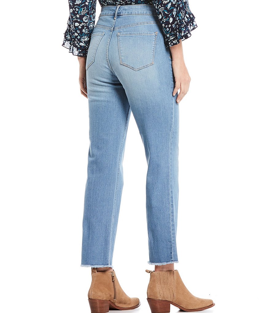 Code Bleu High Rise Straight Leg Exposed Button Fly Fray Hem Ankle Jeans