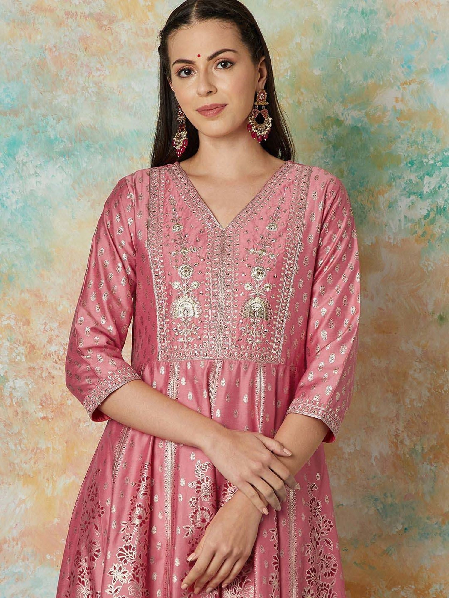 Melange by Lifestyle Pink Embroidered Kurta & Pant Set With Dupatta