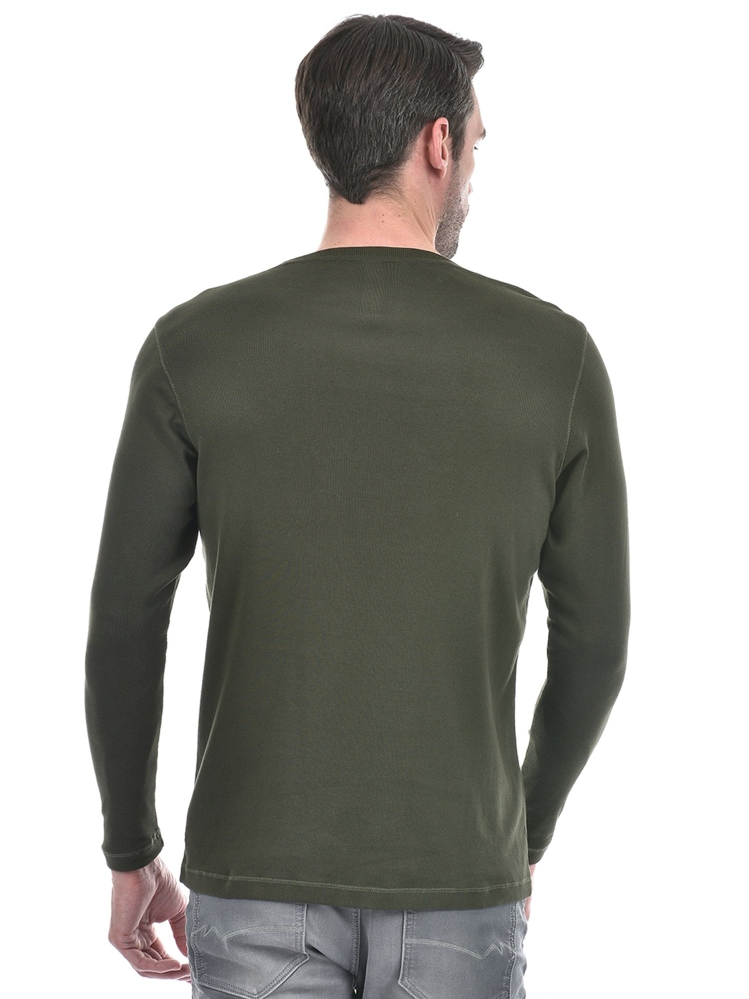 NUMERO UNO Olive Slim Fit Solid Round Neck Brushed Fleece T-Shirt
