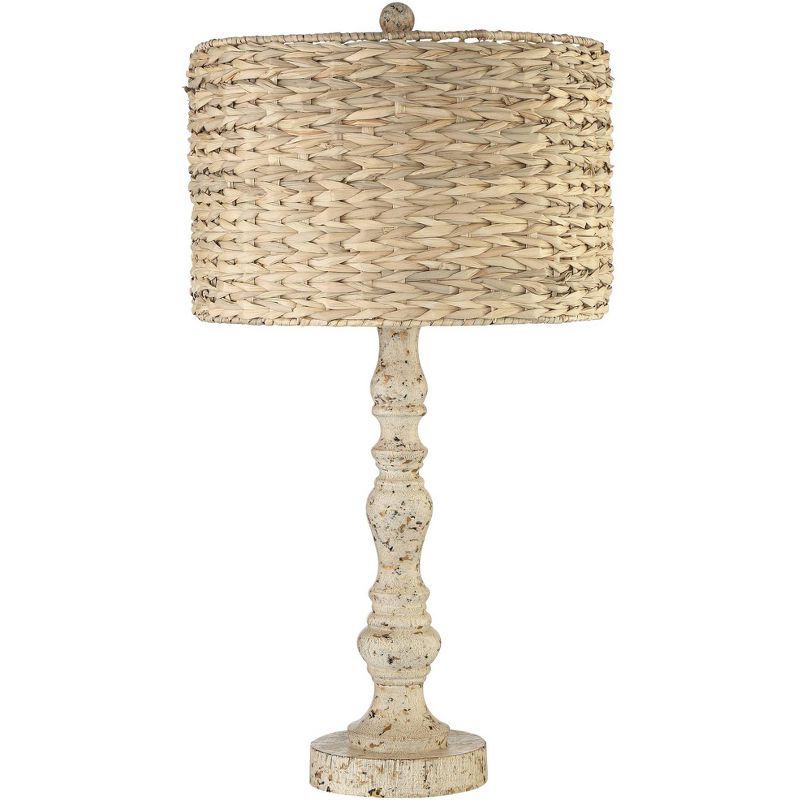 John Timberland Country Cottage Table Lamp Distressed Antique White Candlestick Rattan Drum Shade for Living Room Bedroom Bedside