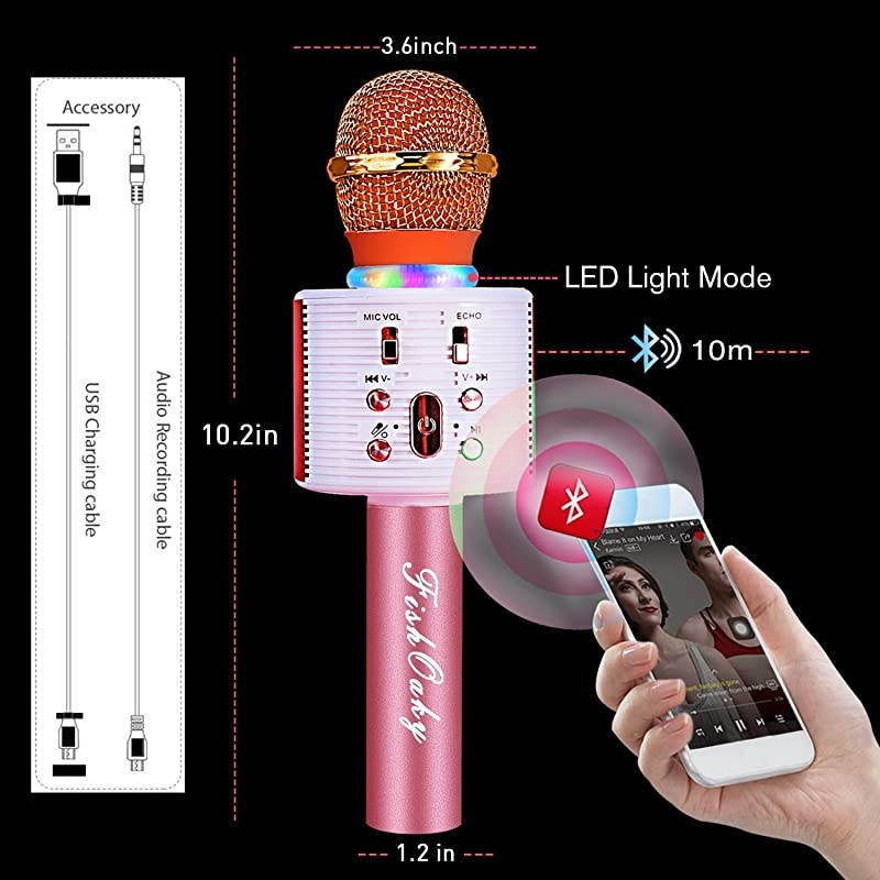 Karaoke Microphone, Bluetooth Karaoke Machine Kids Portable Mic Player Speaker with LED & Music Singing Voice Recording for Christmas Birthday Home Party KTV Outdoor
