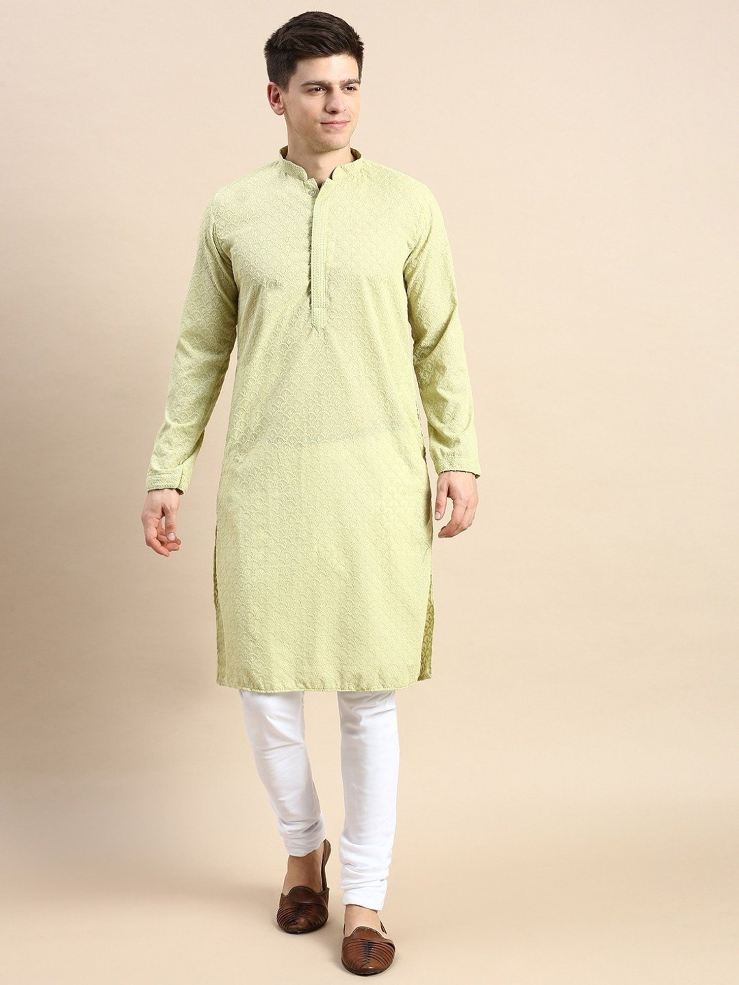 Sanwara Parrot Green Cotton Regular Fit Embroidered Kurta Bottom Set