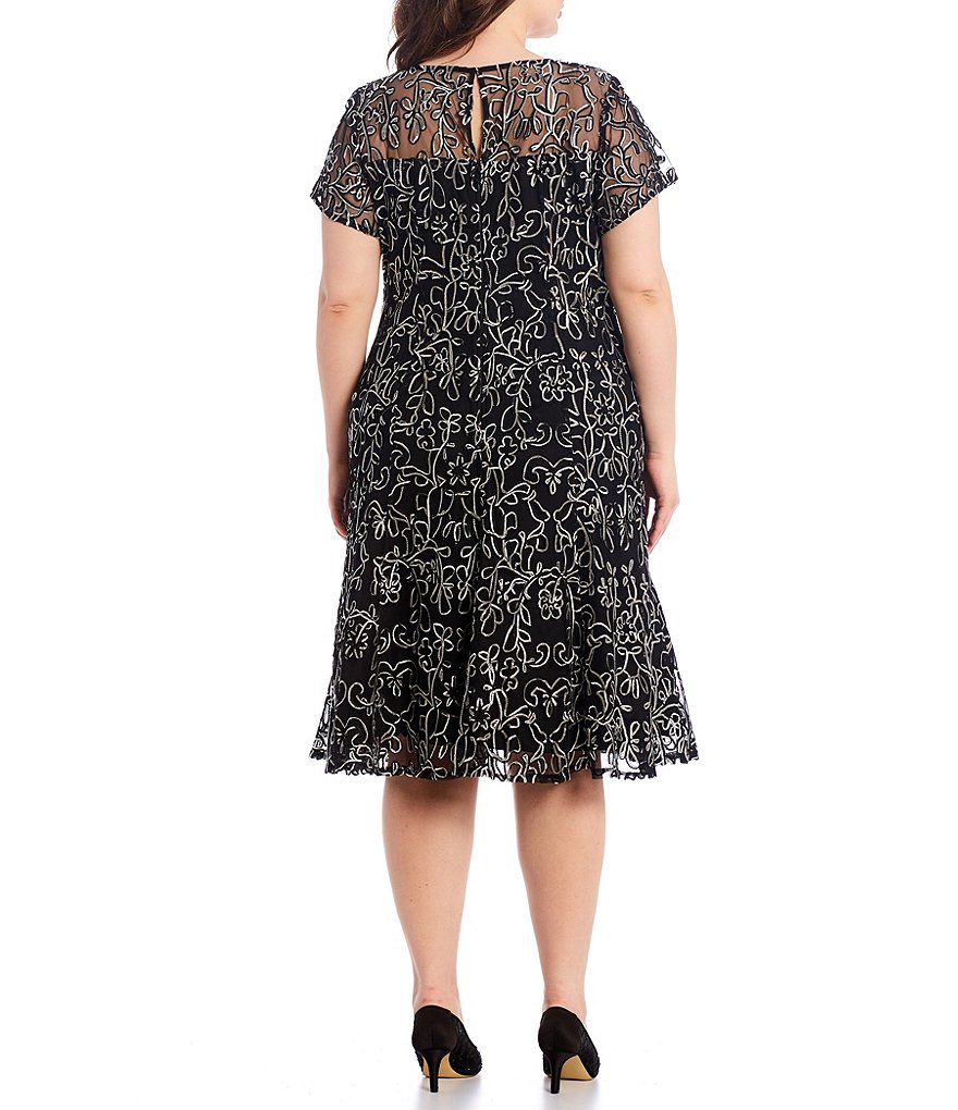 Ignite Evenings Plus Size Jewel Neck Short Sleeve Embroidered Soutache Lace Illusion Midi Dress