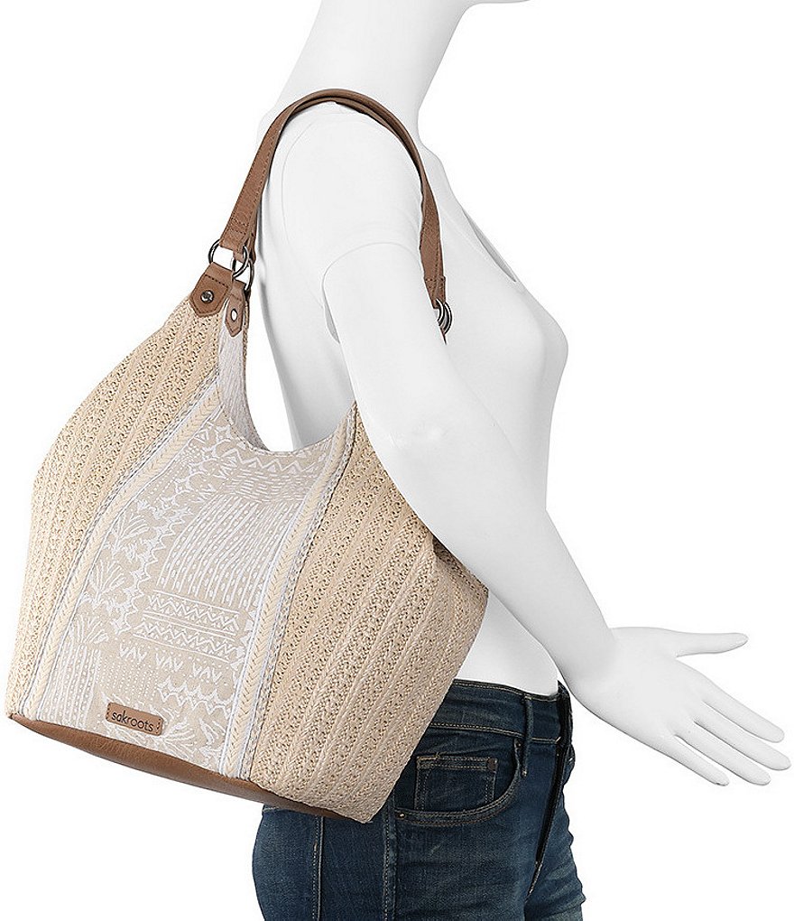 Sakroots Roma Straw Canvas Snap Floral Hobo Tassel Bag