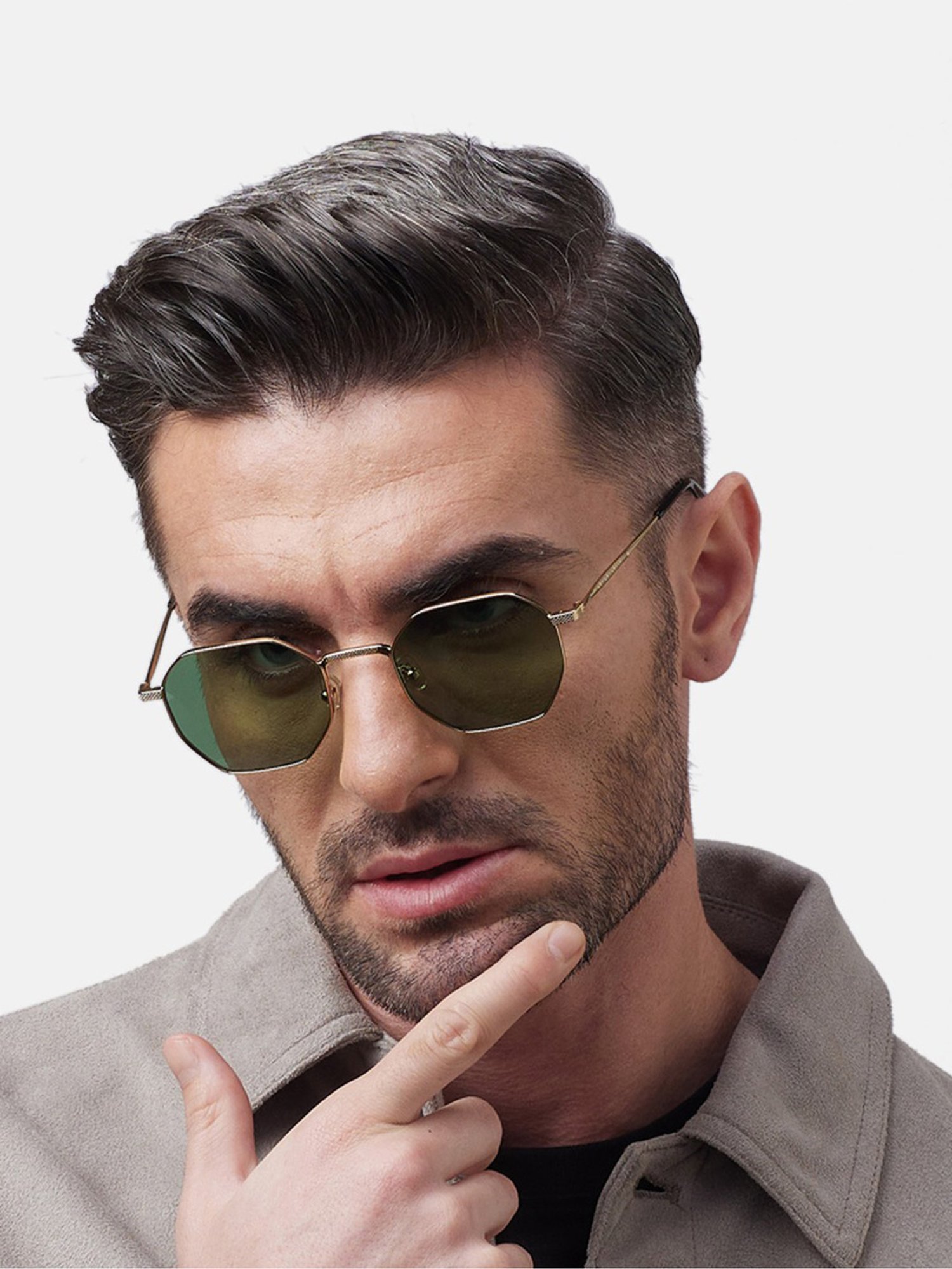 Shisen Fox Okita Dark Gold-Light Green hexagon Unisex UV Protection Sunglasses -51 mm