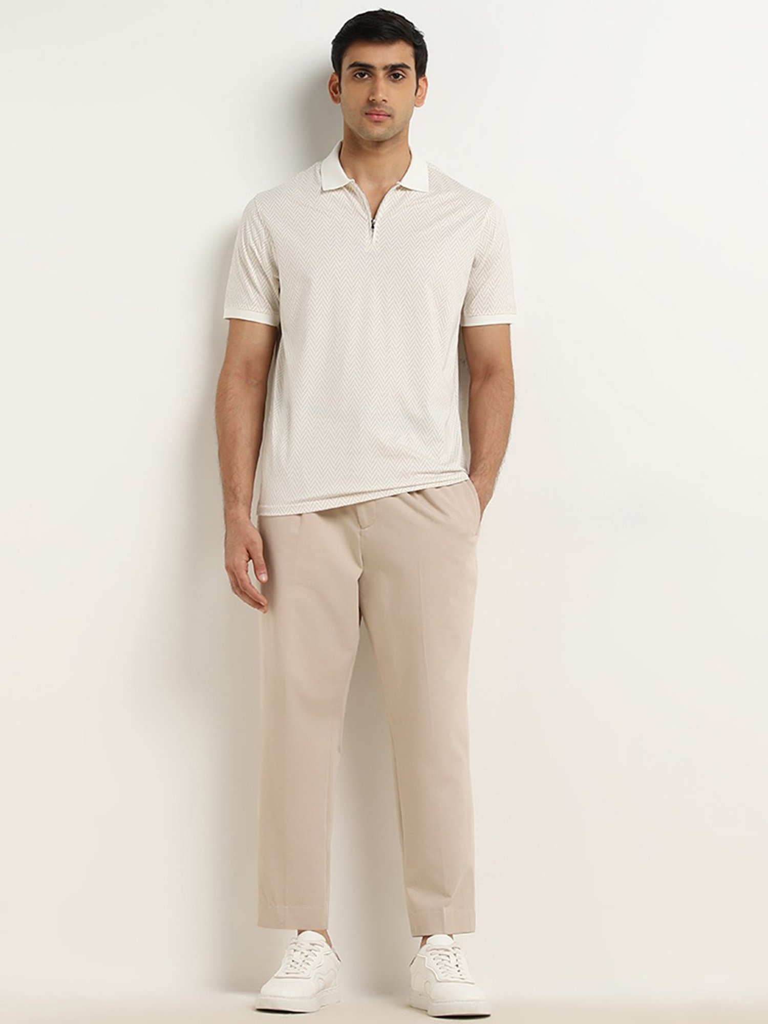 Ascot by Westside Light Beige Relaxed-Fit Polo Cotton Blend T-Shirt