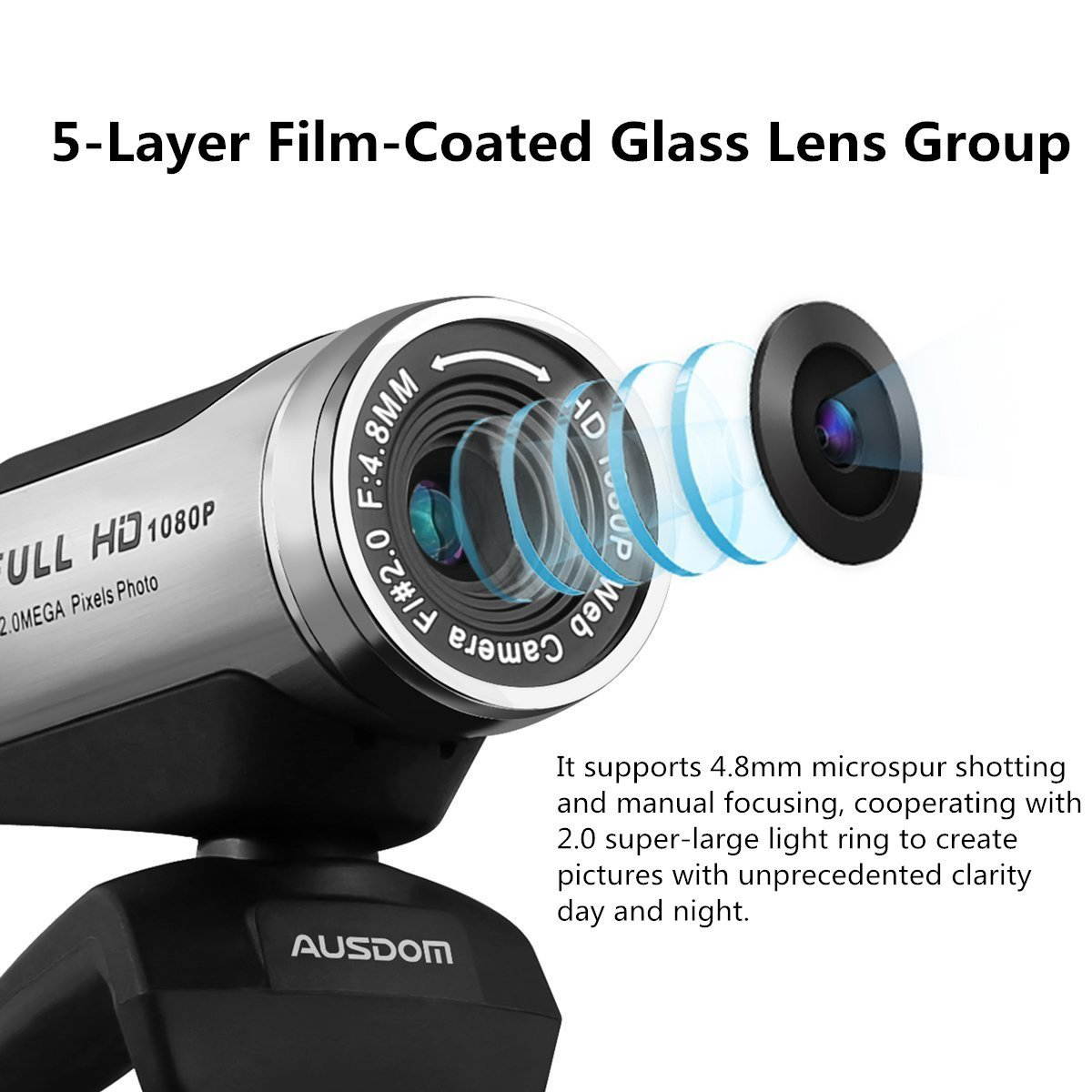 AUSDOM 1080P HD USB Webcam with Built-in Microphone,12.0MP, Auto Exposure, Digital Zoom, Clip-On/Freestanding Network Computer Camera Web Cam