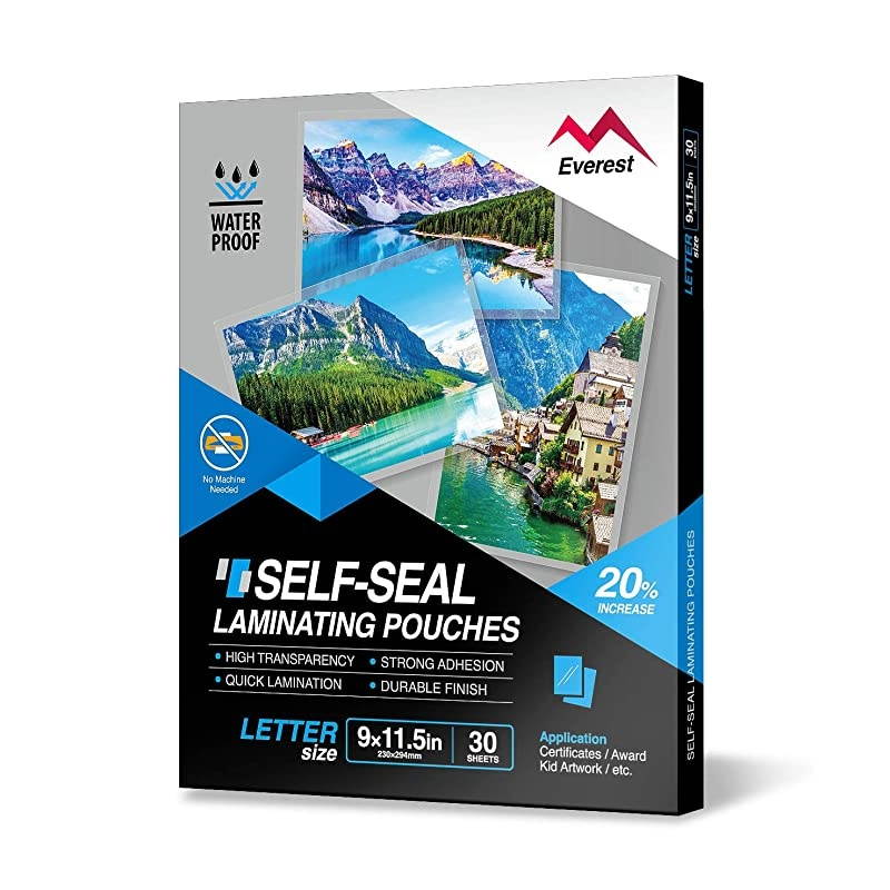 Self Sealing Laminating Pouches, Waterproof Lamination Pouches, Permanent Adhesive, 9 x 11.5 Inches, 30 Sheets, 10 Mils Thick, Gloss Finish Letter Size, No Laminating Machine Needed