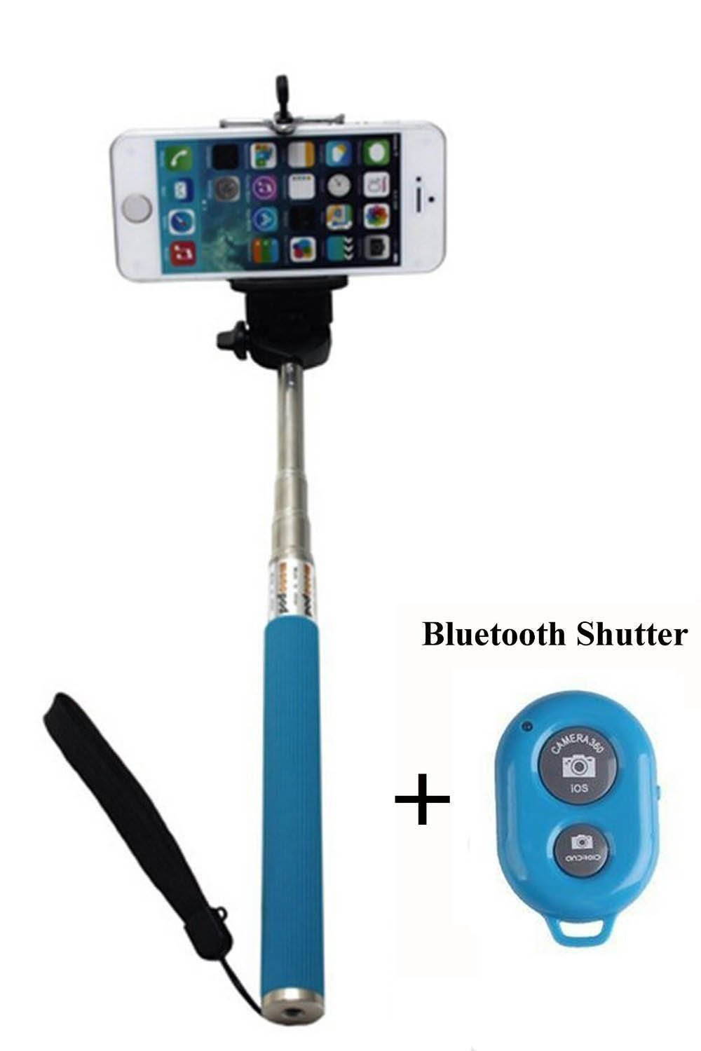 Self Portrait Self Shot Monopod Selfie Stick With Phone Holder For Samsung iPhone Blackberry With Bluetooth Remote Camera Wireless Shutter (Blue)