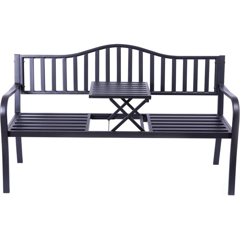 Gardenised Powder Coated Black Steel Patio Garden Park Yard Bench with Middle Table