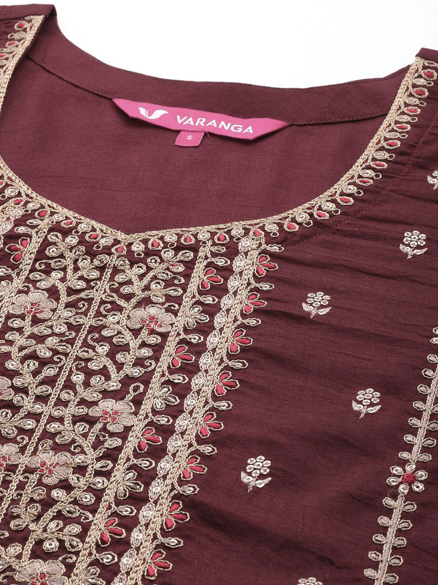 Varanga Maroon Embroidered Kurta With Pant & Dupatta