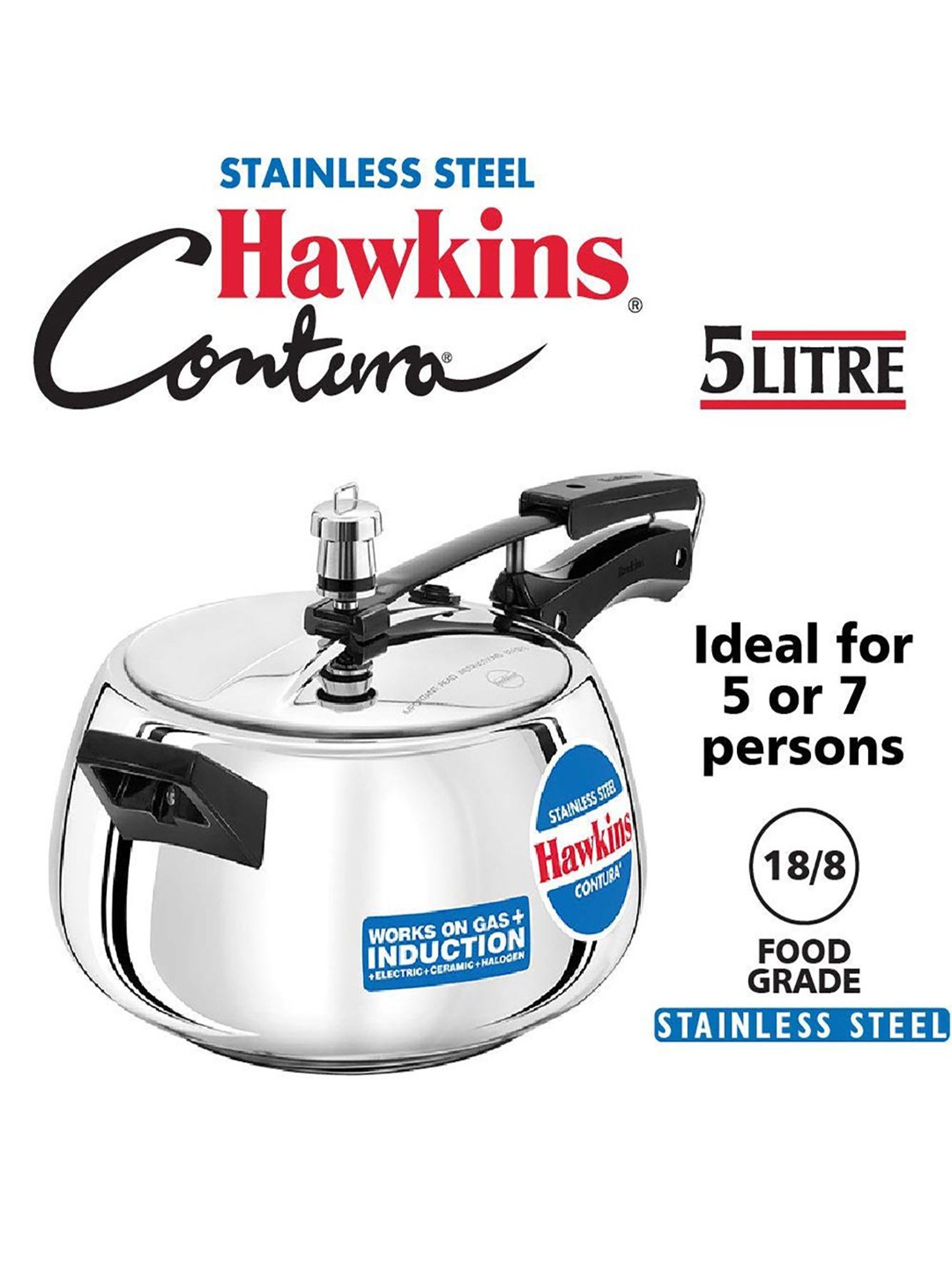 Hawkins Contura Stainless Steel Silver 5 L Pressure Cooker - Set of 1