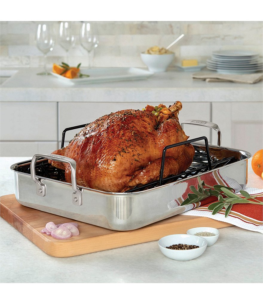 Viking 3-Ply Mirror Stainless Steel 16#double; Roasting Pan with Non-Stick Rack and Carving Set