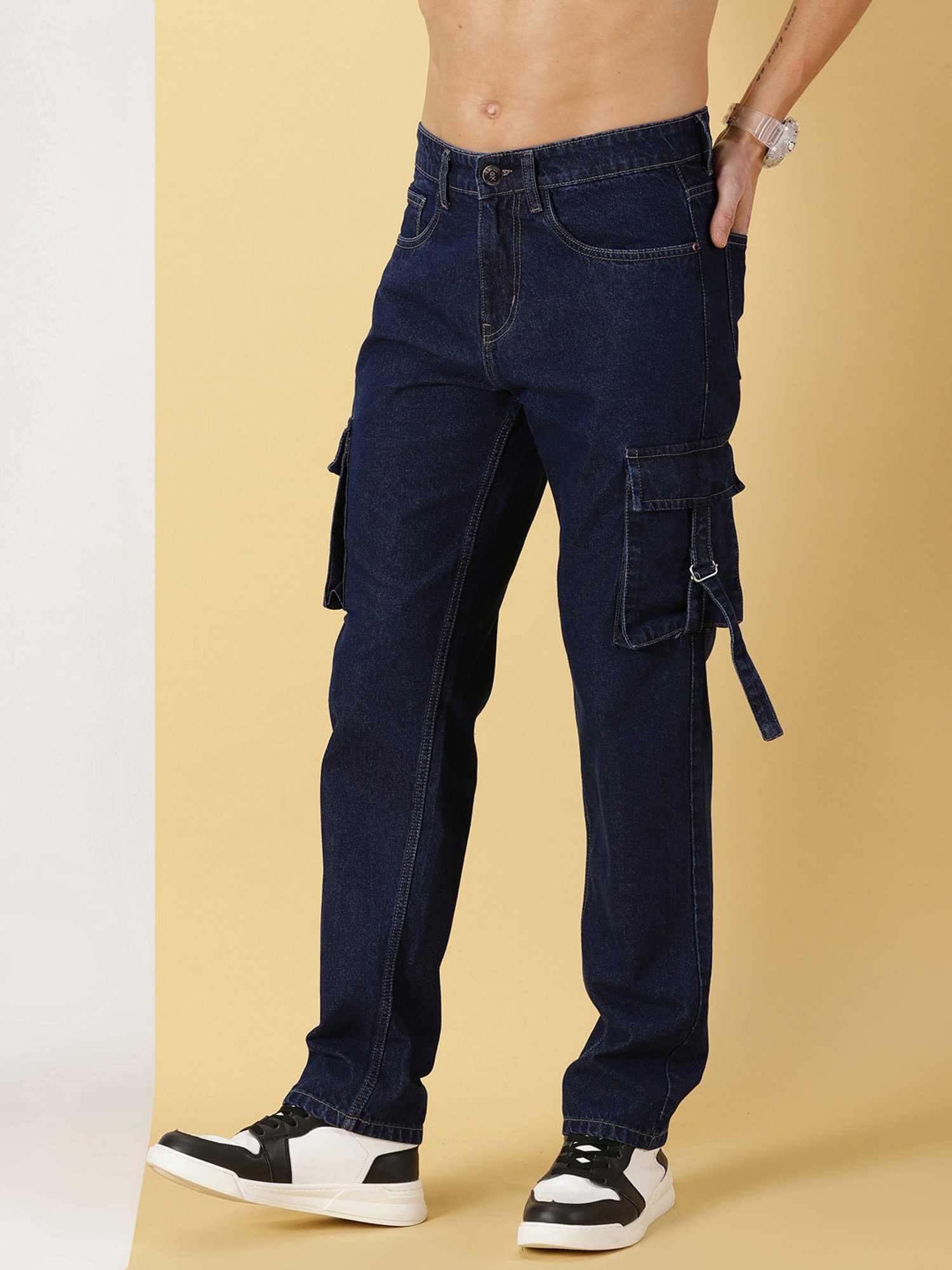 Thomas Scott Dark Blue Slim Fit Lightly Washed Cargo Jeans