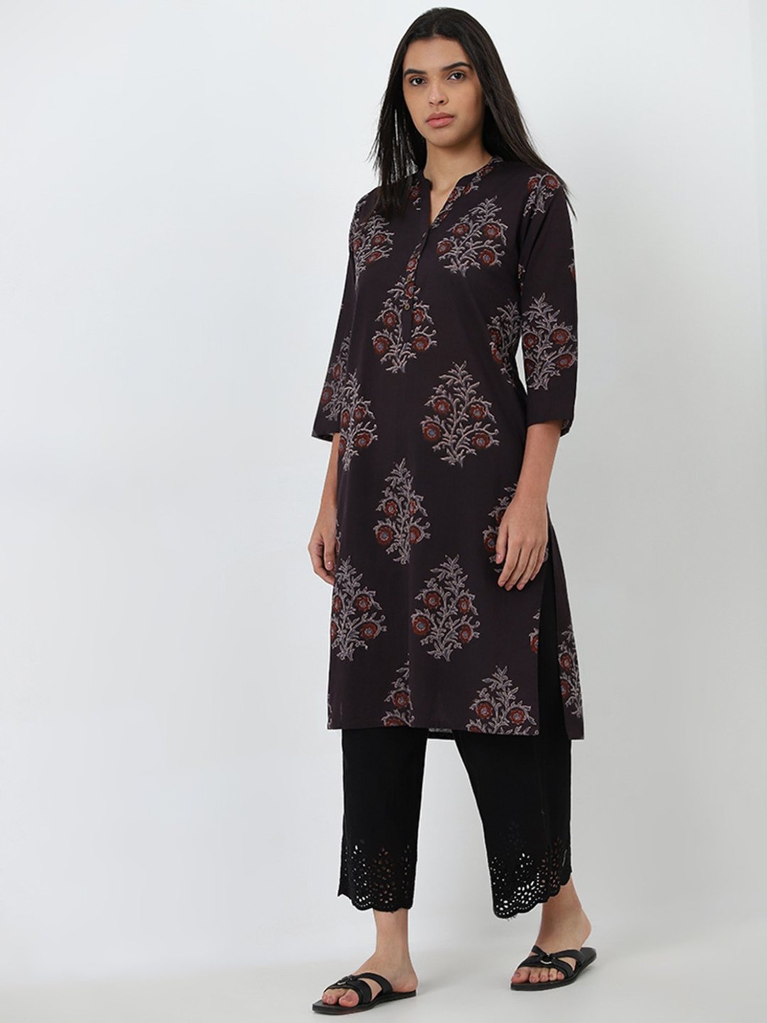 Utsa by Westside Charcoal Floral Printed Straight Cotton Kurta