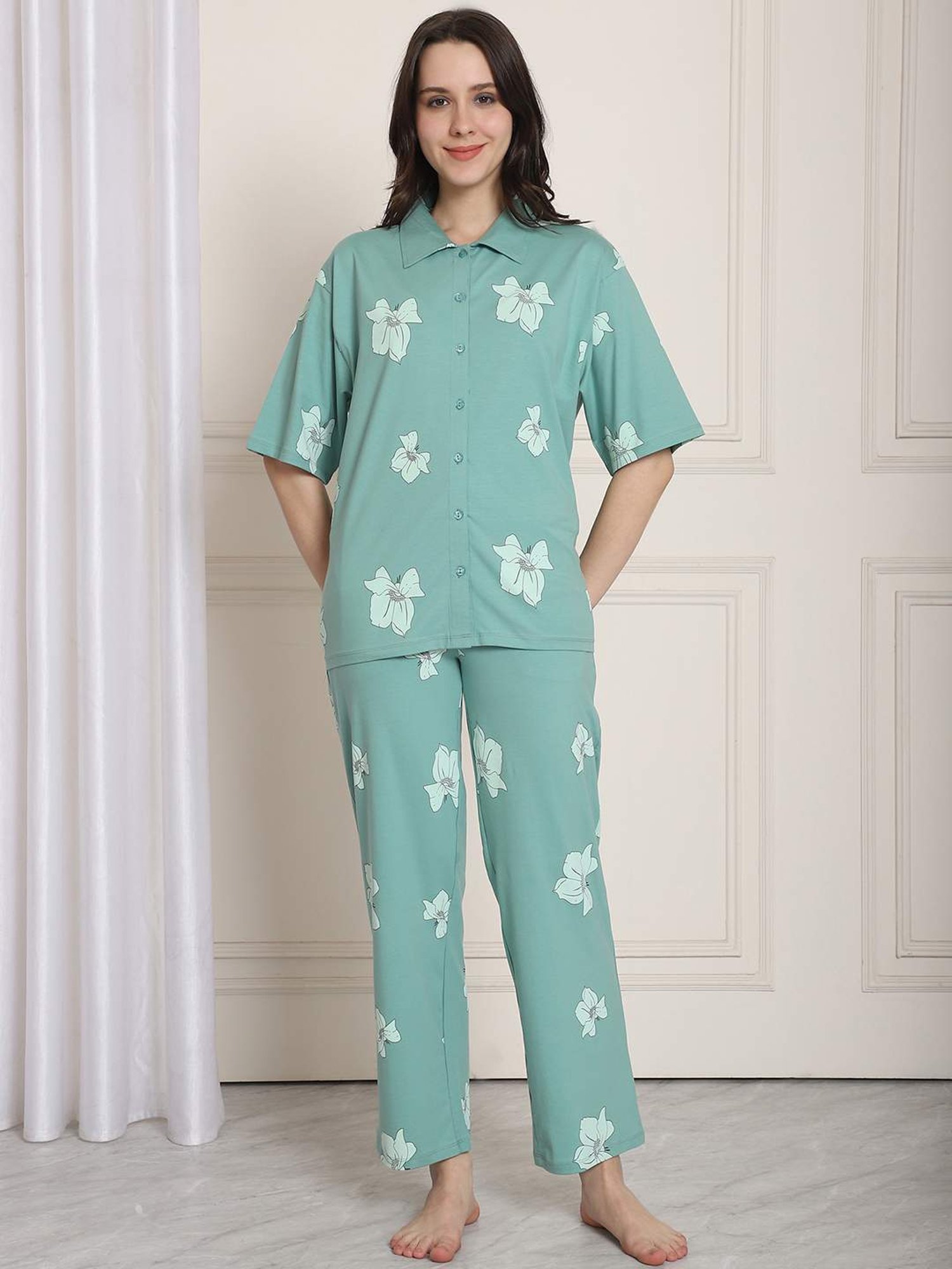 Kanvin Blue Cotton Printed Shirt Pyjamas Set