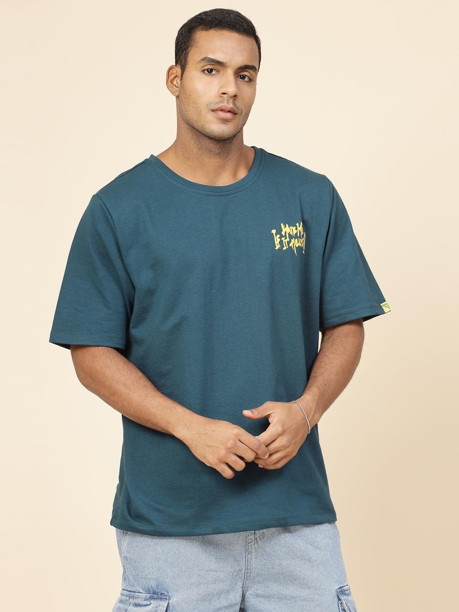 Rigo Teal Cotton Loose Fit Typography T-Shirt