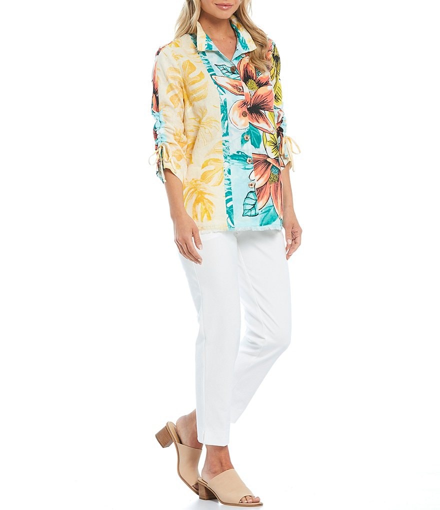 John Mark Floral Print Wire Neck Button Front 3/4 Tie Sleeve Linen Blouse