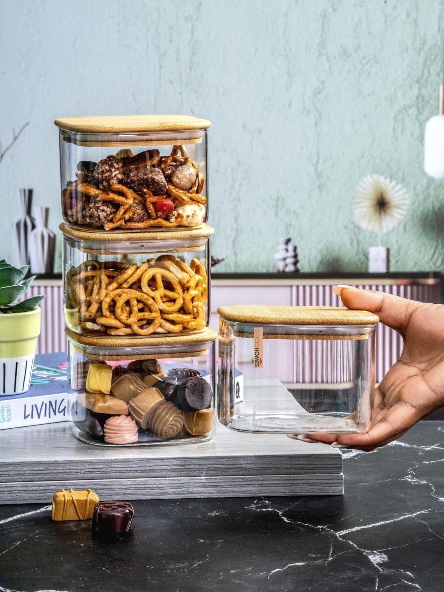 Goodhomes Transparent Glass Storage Jar with Wooden Lid - Set of 4