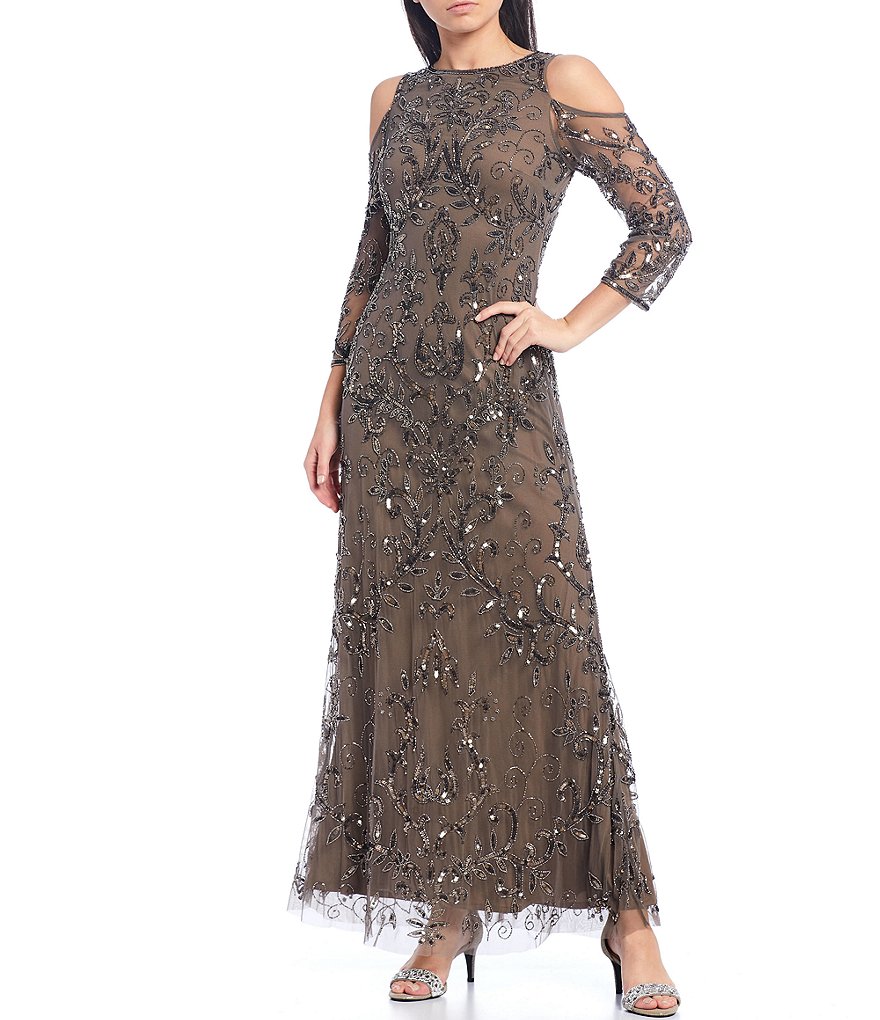Jkara Petite Size 3/4 Sleeve Lined Illusion Crew Neck Beaded Gown
