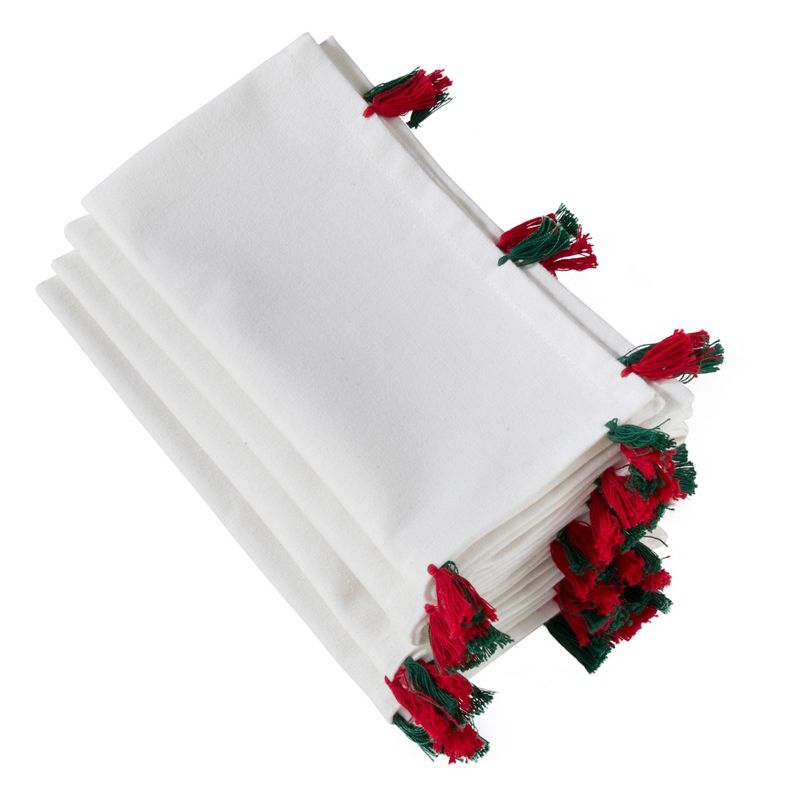 20" White Napkin with Red and Green Tassels Set of 4 pc White - SARO Lifestyle