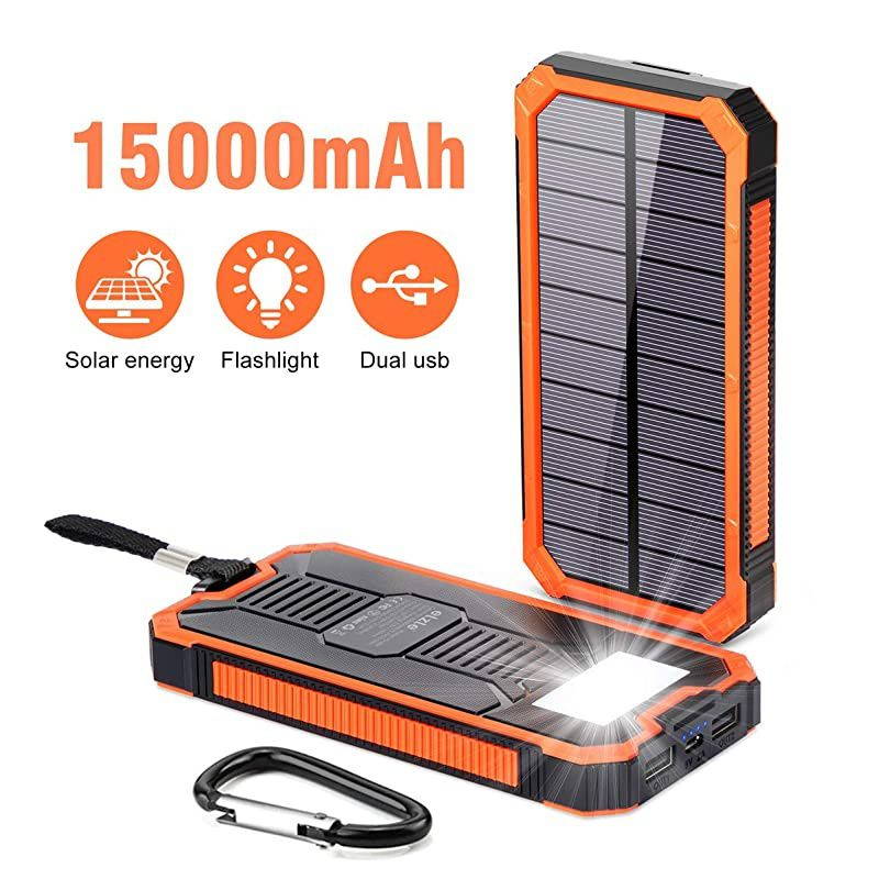 Portable Charger Power Bank 15000mAh,  Solar Charger, Solar Power Bank Battery Pack, high Speed Charging Solar Phone Charger for iPhone, Samsung and More. Black