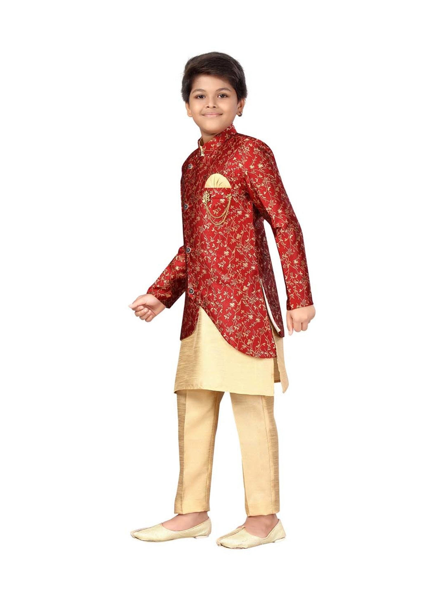 Ahhaaaa Kids Red & Golden Cotton Floral Print Full Sleeves Kurta Set