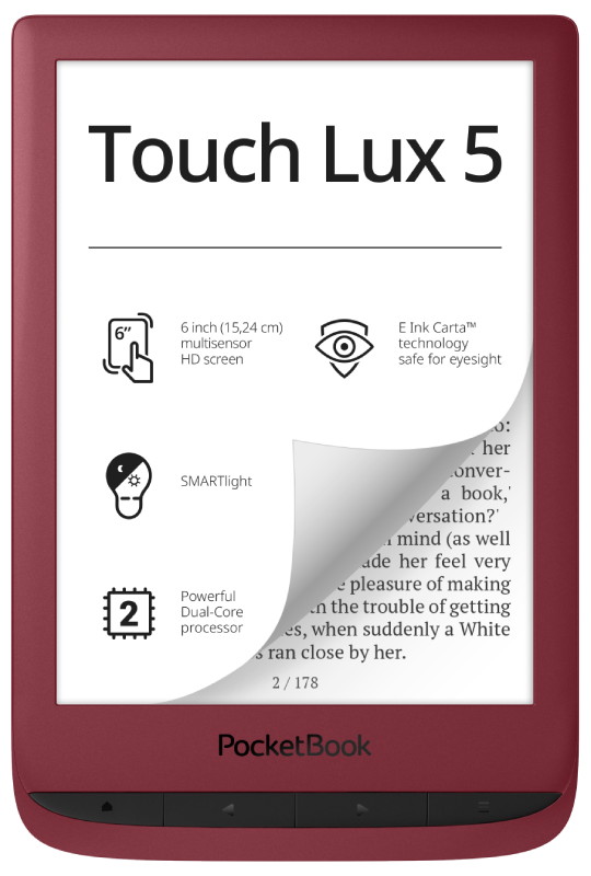 PocketBook Touch Lux 5 (Ruby Red). Display: 6" E Ink Carta&trade;; Dual Core (2&times;1 GHz); RAM: 512 MB; Flash memory: 8 GB; Wi-Fi; SMARTlight; Touchscreen; Battery: 1500 mAh (Li-Ion Polymer).