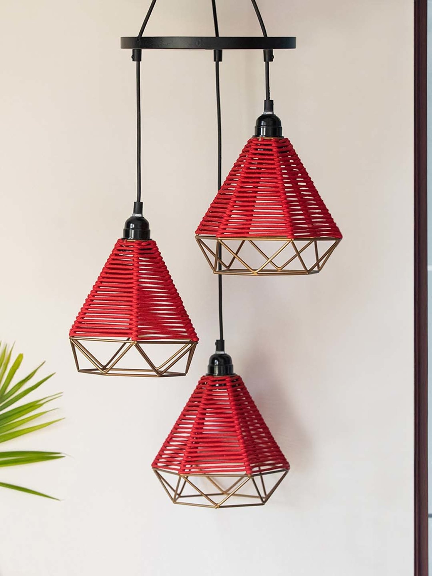 ExclusiveLane Elegance Black Iron Handwoven Adjustable Chandelier With Hanging Lamp Shades