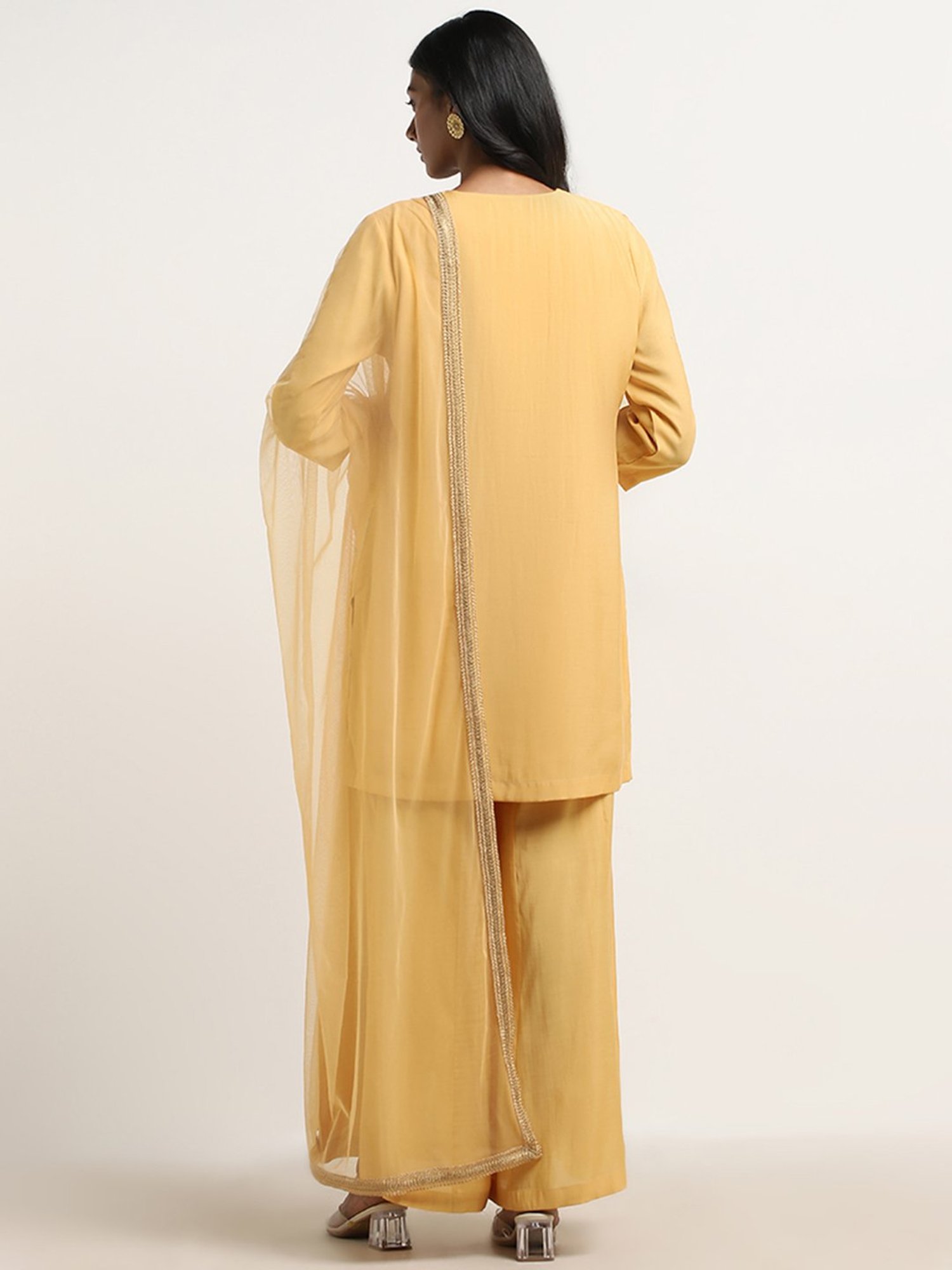Vark by Westside Yellow Embellished Kurti, Palazzos and Dupatta Set