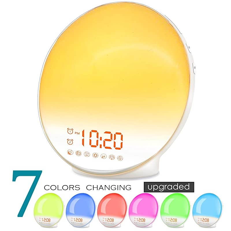 Up Light Sunrise Alarm Clock for Kids, Heavy Sleepers, Bedroom, with Sunrise Simulation, Sleep Aid, Dual Alarms, FM Radio, Snooze, Nightlight, Daylight, 7 Colors, 7 Natural Sounds, Ideal for Gift