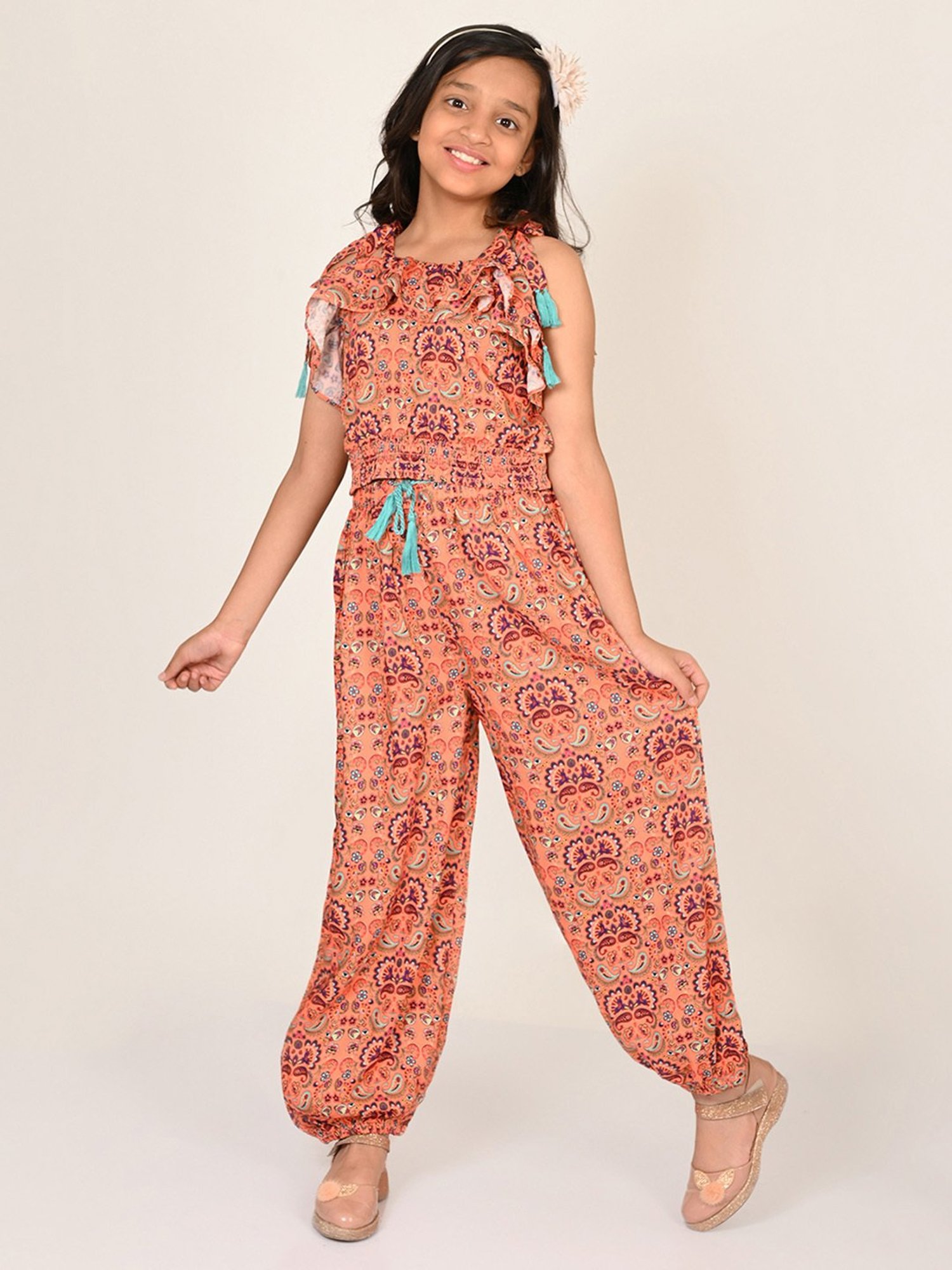 Lil Drama Kids Coral Floral Print Crop Top with Joggers