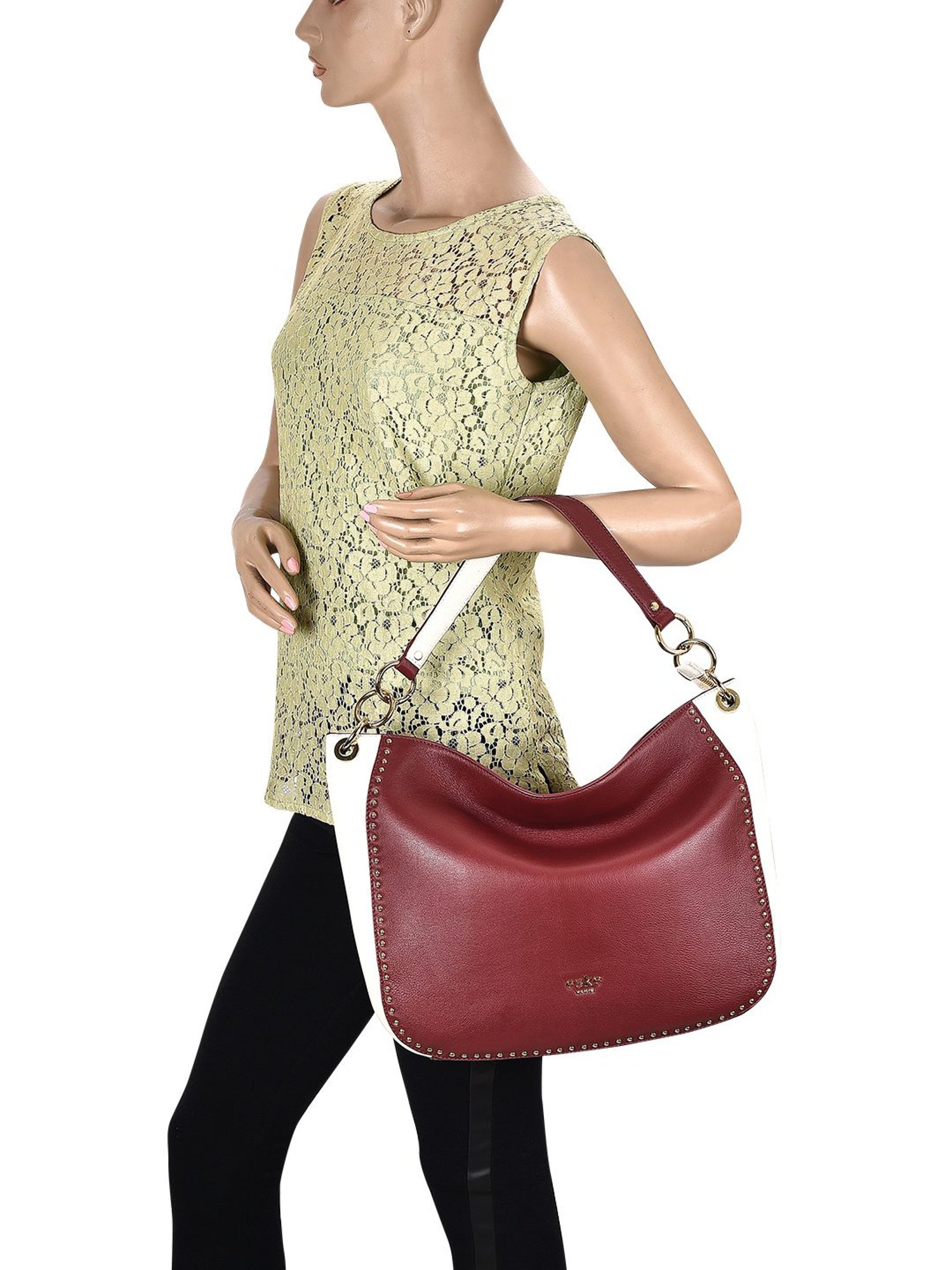 Eske Emma Wine & Vanilla Rivets Medium Hobo Shoulder Handbag