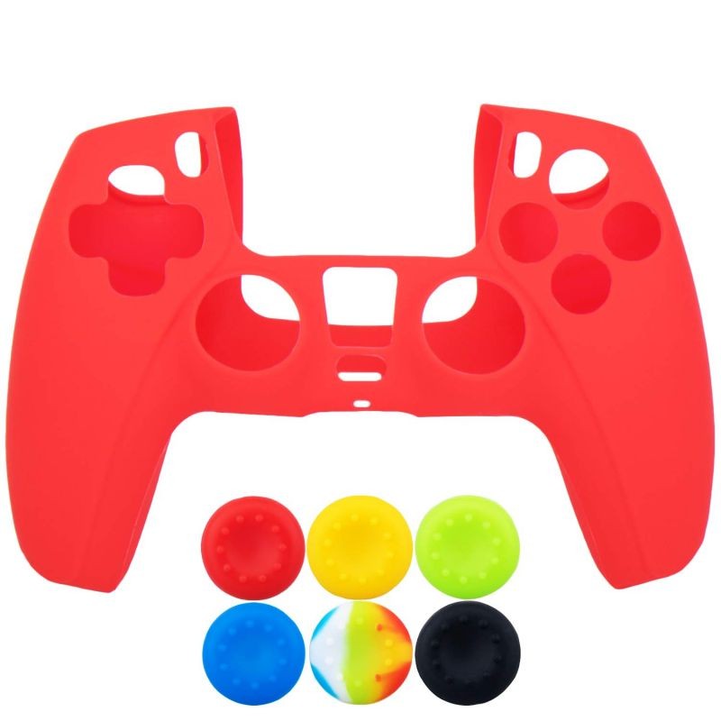 1 Piece of Silicone Protective Cover Skin + 6 Thumb Grips & Dust Proof Plugs for Playstation 5 / PS5 / Dualsense Controller Red