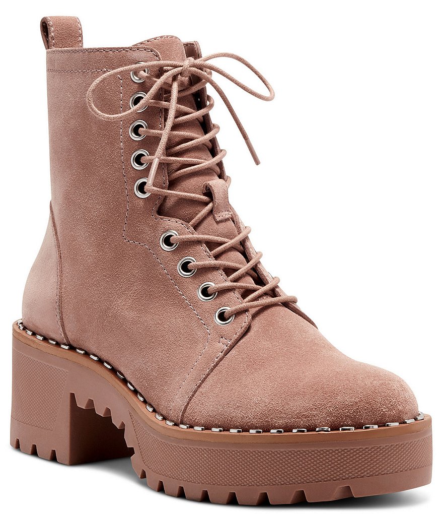 Vince Camuto Mecale Stud Trim Suede Block Heel Lug Sole Combat Booties