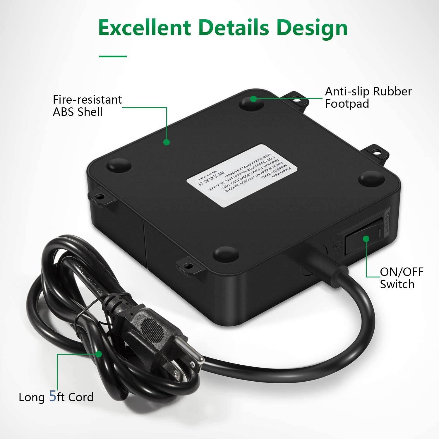 Power Strip with USB - Wall Mountable Power Strip with 4 USB Ports & 3 Outlets with On/Off Switch & 5ft Extension Cord for Cruise Ship, Travel, Hotel, Office (Black)