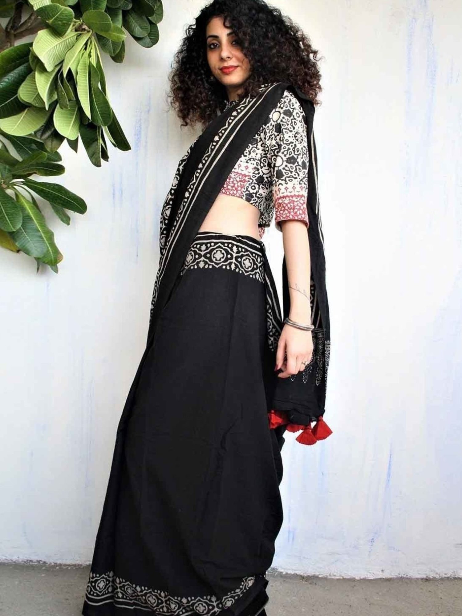 Chidiyaa Ivory & Black Block Printed Cotton Mul Saree