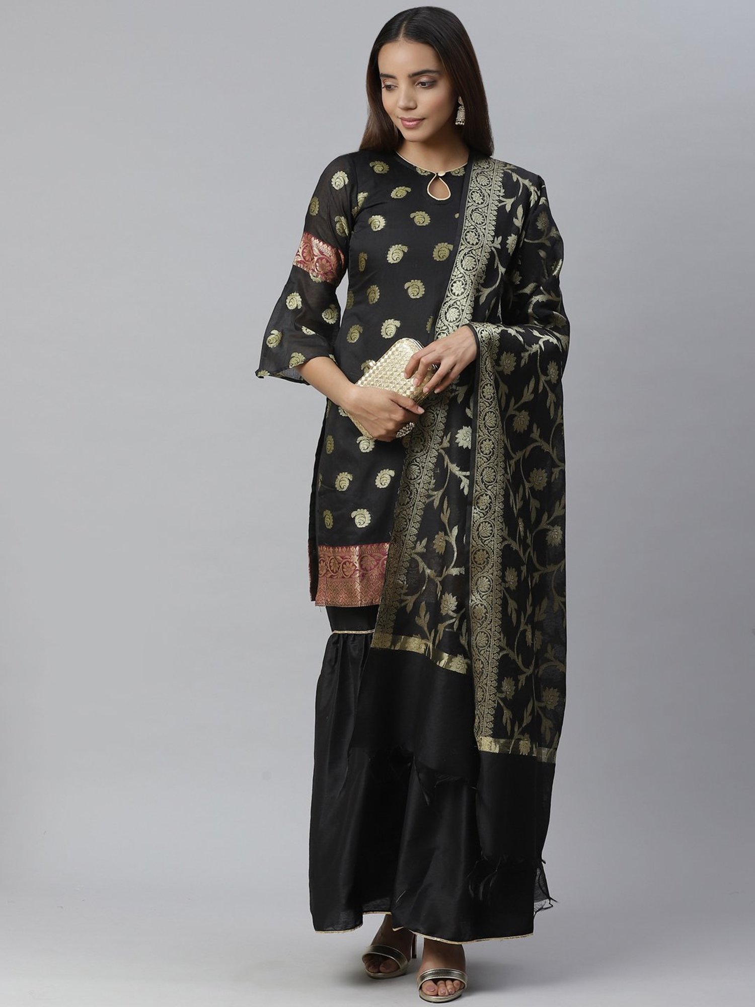 Chhabra 555 Black Textured Kurta With Sharara & Dupatta