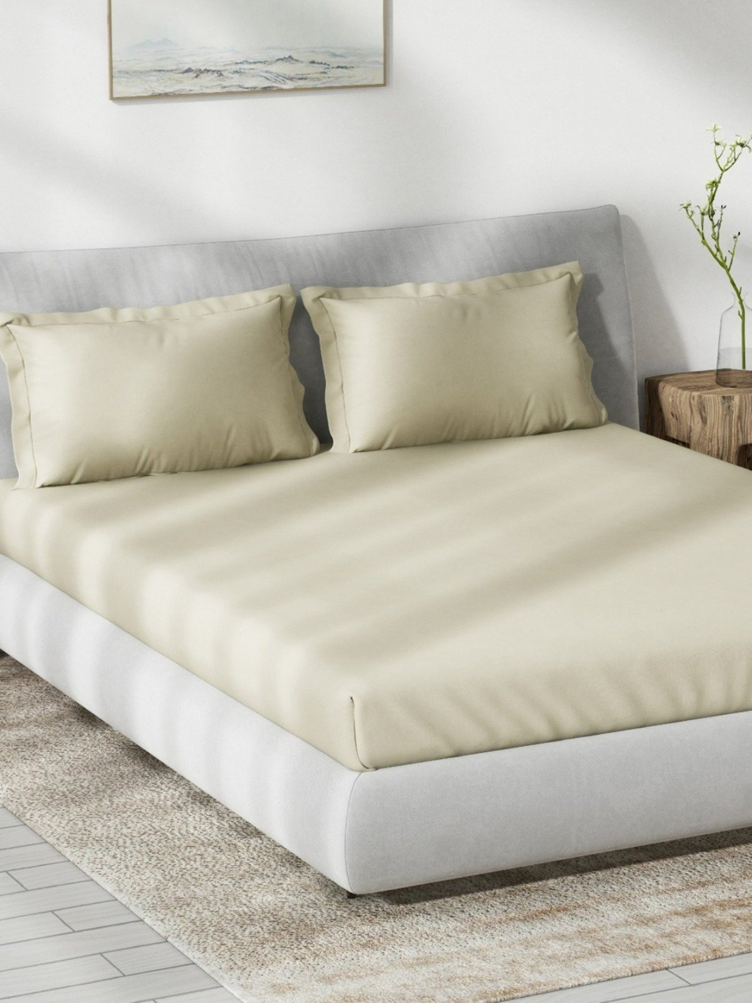 DDecor Solid Beige 180 TC Cotton King Fitted Bed Sheet With 2 Pillow Covers